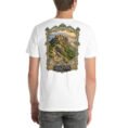 White Qazvin unisex t-shirt, back view with Alamut Castle, Alborz cliffs and ancient rock motifs design
