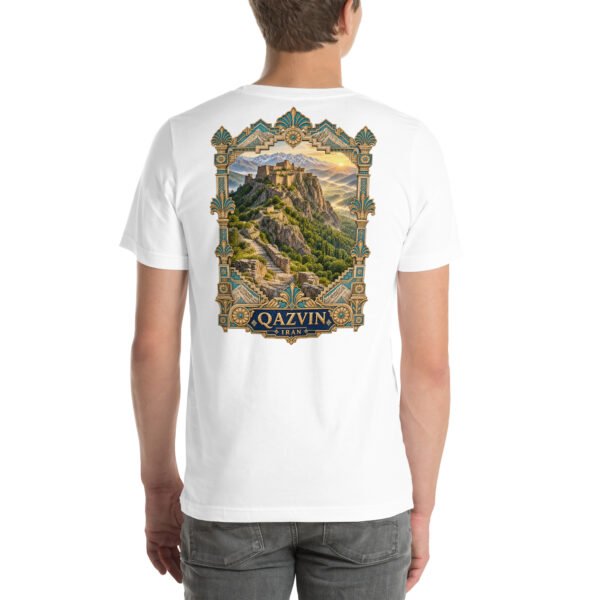 White Qazvin unisex t-shirt, back view with Alamut Castle, Alborz cliffs and ancient rock motifs design