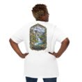 White Chaharmahal and Bakhtiari unisex t-shirt, back view with Koohrang waterfall, Zagros cliffs and Bakhtiari kilim patterns design