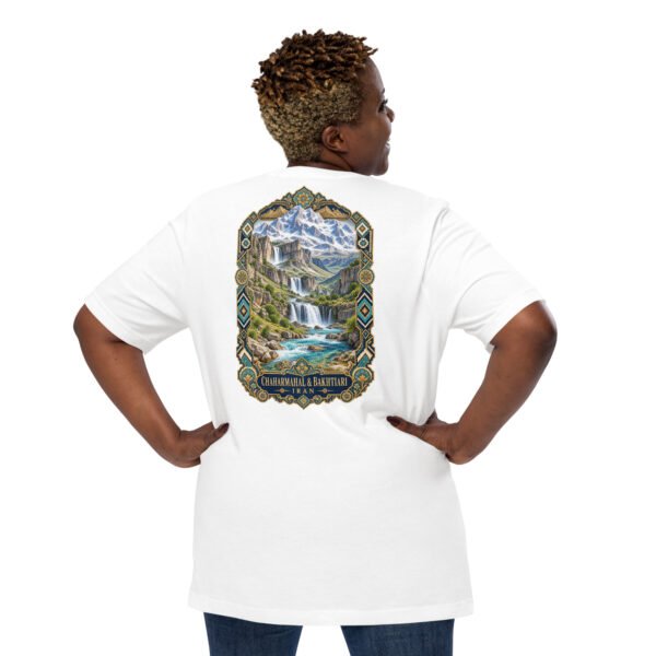 White Chaharmahal and Bakhtiari unisex t-shirt, back view with Koohrang waterfall, Zagros cliffs and Bakhtiari kilim patterns design