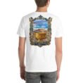 White West Azerbaijan unisex t-shirt, back view with Hasanlu, Lake Urmia and Iron Age motifs design