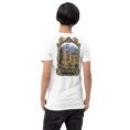 White Ardabil unisex t-shirt, back view with Shahr-e Yeri stone figure in front of Mount Sabalan design