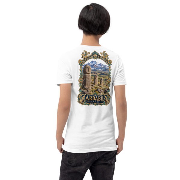 White Ardabil unisex t-shirt, back view with Shahr-e Yeri stone figure in front of Mount Sabalan design