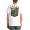 White East Azerbaijan unisex t-shirt, back view with Babak Castle on its mountain peak at sunrise design