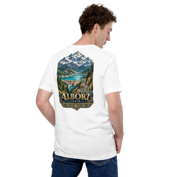 White Alborz unisex t-shirt, back view with Alborz Mountains, dam lake and winding road design