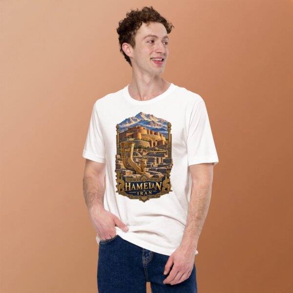 unisex-staple-t-shirt-white-front-2-6acbd9f3e4340.jpg White Hamedan unisex t-shirt, front view with Ganjnameh inscriptions and Mount Alvand design