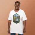 White Chaharmahal and Bakhtiari unisex t-shirt, front view with Zard-Kuh and the Koohrang waterfall design