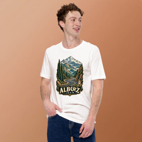 White Alborz unisex t-shirt, front view with Chalus Road winding through the Alborz Mountains design
