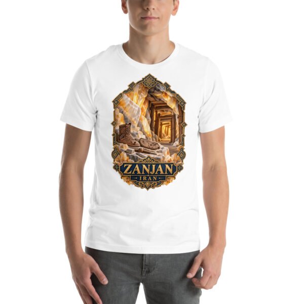 White Zanjan unisex t-shirt, front view with Chehrabad salt mine and salt crystals design