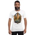 White Yazd unisex t-shirt, front view with Narin Castle of Meybod and a traditional dovecote design