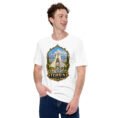 White Tehran unisex t-shirt, front view with Azadi Tower and Mount Damavand design