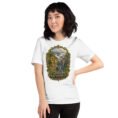 White Mazandaran unisex t-shirt, front view with terraced springs of Badab-e Surt in the Hyrcanian forest design