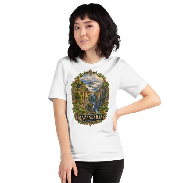 White Mazandaran unisex t-shirt, front view with terraced springs of Badab-e Surt in the Hyrcanian forest design