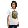 White Kohgiluyeh and Boyer-Ahmad unisex t-shirt, front view with Tang-e Balqis gorge and Mount Dena design