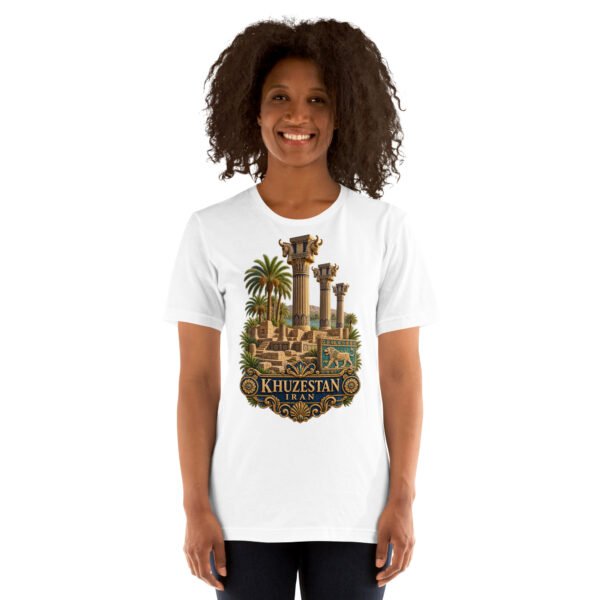 White Khuzestan unisex t-shirt, front view with ancient Susa design