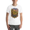 White North Khorasan unisex t-shirt, front view with historic citadel of Shirvan and vineyards design