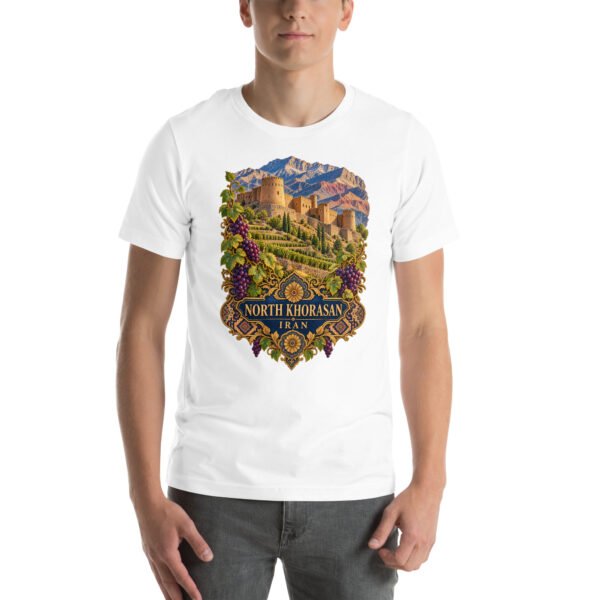 White North Khorasan unisex t-shirt, front view with historic citadel of Shirvan and vineyards design