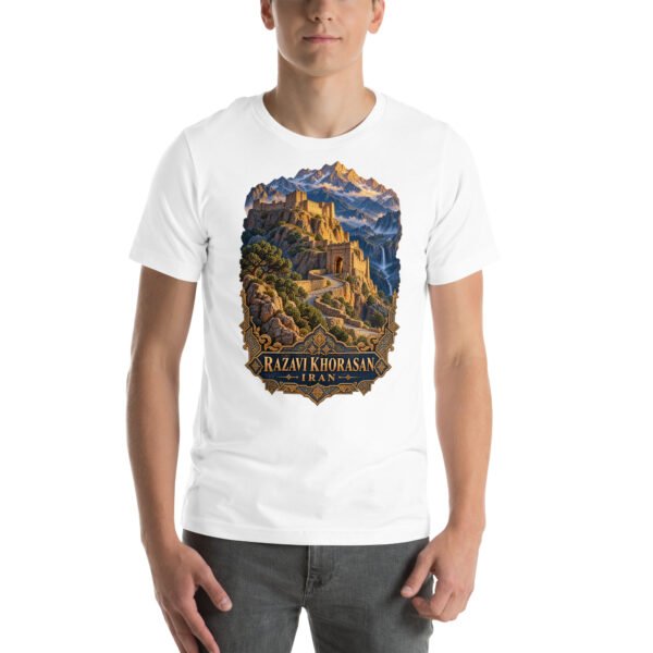 White Khorasan Razavi unisex t-shirt, front view with Tomb of Ferdowsi in ancient Tus design