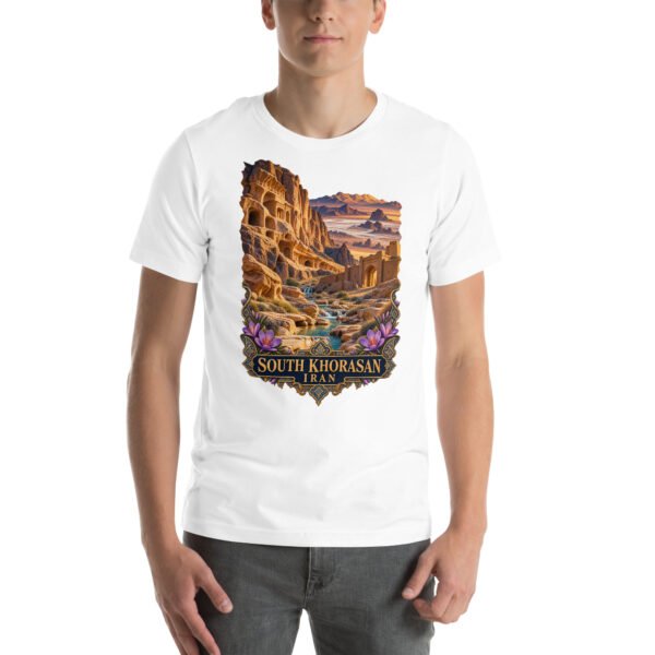 White South Khorasan unisex t-shirt, front view with historic citadel of Birjand design