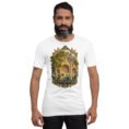 White Kermanshah unisex t-shirt, front view with Taq-e Bostan Sasanian rock reliefs design