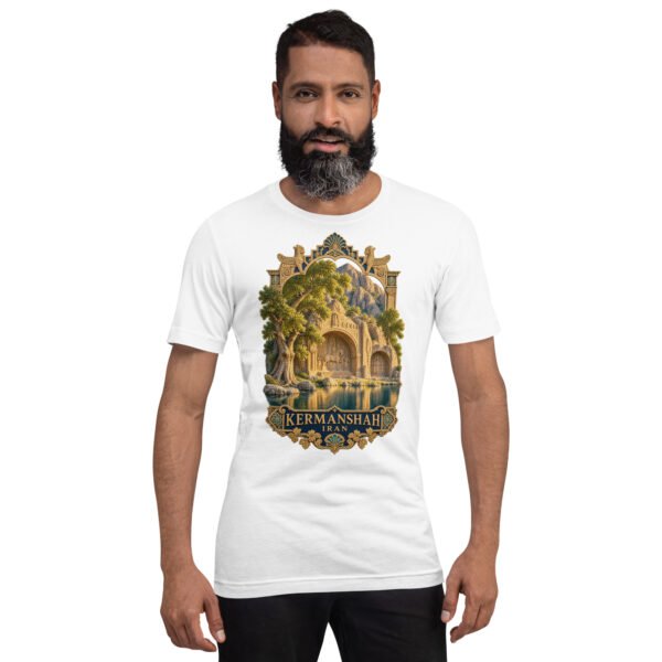 White Kermanshah unisex t-shirt, front view with Taq-e Bostan Sasanian rock reliefs design
