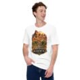 White Kerman unisex t-shirt, front view with Arg-e Bam citadel and desert palm groves design