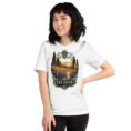 White Isfahan unisex t-shirt, front view with Naqsh-e Jahan Square and Ali Qapu Palace design