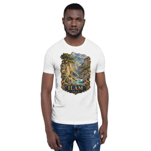 White Ilam unisex t-shirt, front view with Razianeh Gorge in the Zagros Mountains design