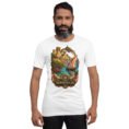 White Hormozgan unisex t-shirt, front view with Portuguese Castle of Hormuz and the Persian Gulf design