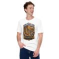 White Hamedan unisex t-shirt, front view with Ganjnameh inscriptions and Mount Alvand design