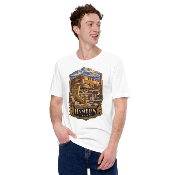 unisex-staple-t-shirt-white-front-6acbd9f3e34a6.jpg White Hamedan unisex t-shirt, front view with Ganjnameh inscriptions and Mount Alvand design