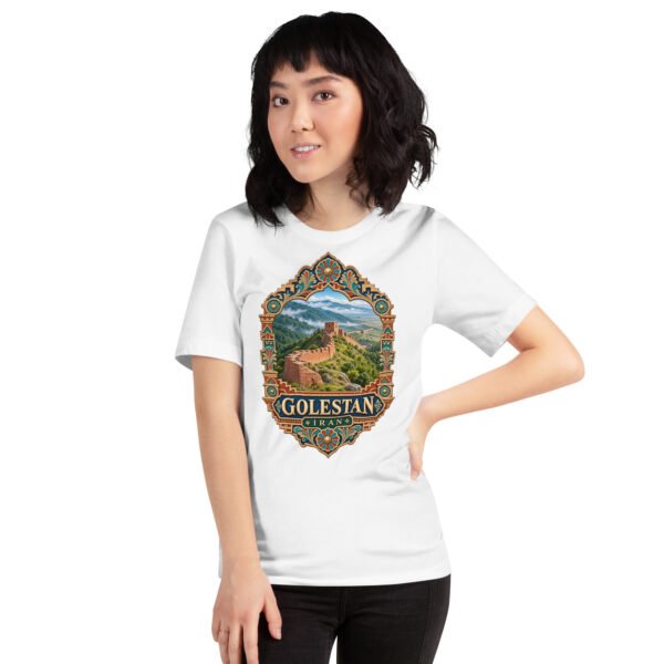 White Golestan unisex t-shirt, front view with Sasanian Great Wall of Gorgan design