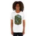 White Gilan unisex t-shirt, front view with Rudkhan Castle in the Hyrcanian forest design