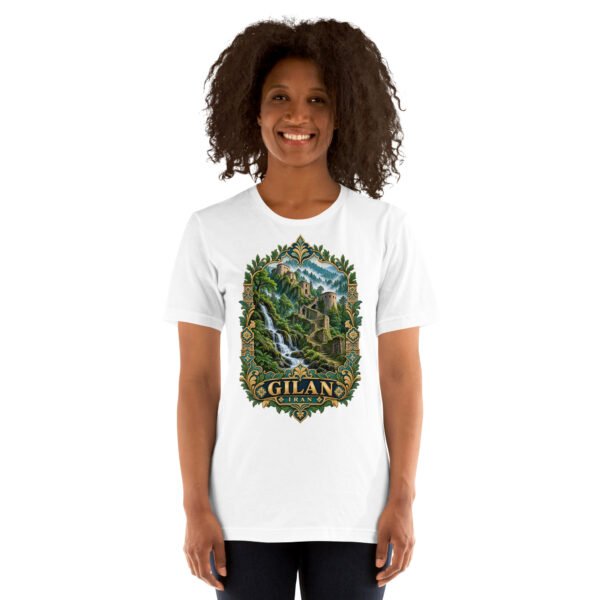 White Gilan unisex t-shirt, front view with Rudkhan Castle in the Hyrcanian forest design