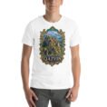 White Qazvin unisex t-shirt, front view with Alamut Castle on its rocky Alborz cliff design