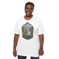 White Chaharmahal and Bakhtiari unisex t-shirt, front view with Zard-Kuh and the Koohrang waterfall design