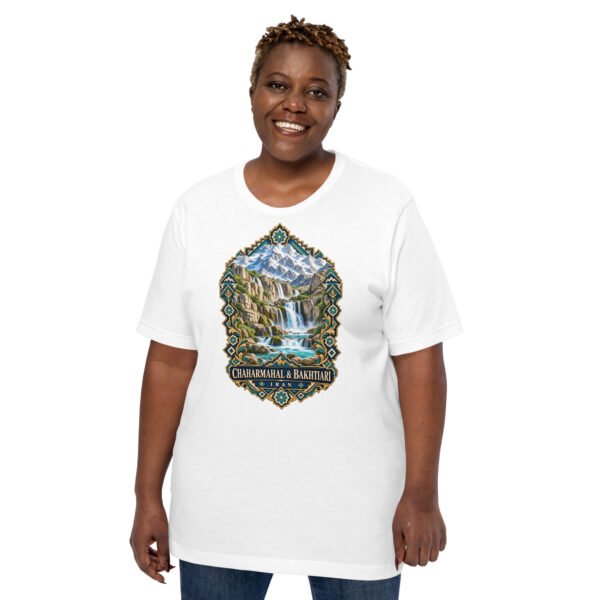 White Chaharmahal and Bakhtiari unisex t-shirt, front view with Zard-Kuh and the Koohrang waterfall design