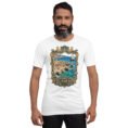 White Bushehr unisex t-shirt, front view with ancient port of Siraf and the Persian Gulf design