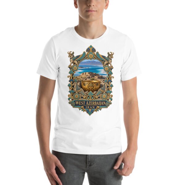 White West Azerbaijan unisex t-shirt, front view with Lake Urmia and the ancient Hasanlu mound design