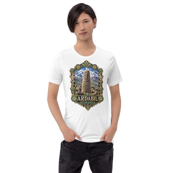 White Ardabil unisex t-shirt, front view with ancient Shahr-e Yeri stone figures and Mount Sabalan design