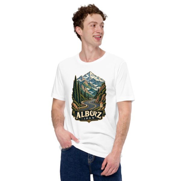White Alborz unisex t-shirt, front view with Chalus Road winding through the Alborz Mountains design