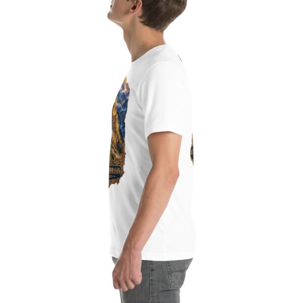 White Khorasan Razavi unisex t-shirt, with Tomb of Ferdowsi in ancient Tus design