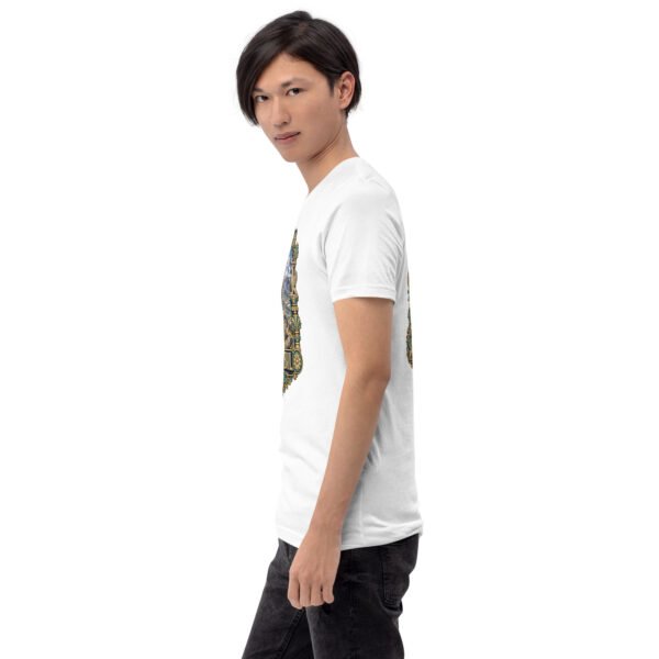 White Ardabil unisex t-shirt, with ancient Shahr-e Yeri stone figures and Mount Sabalan design