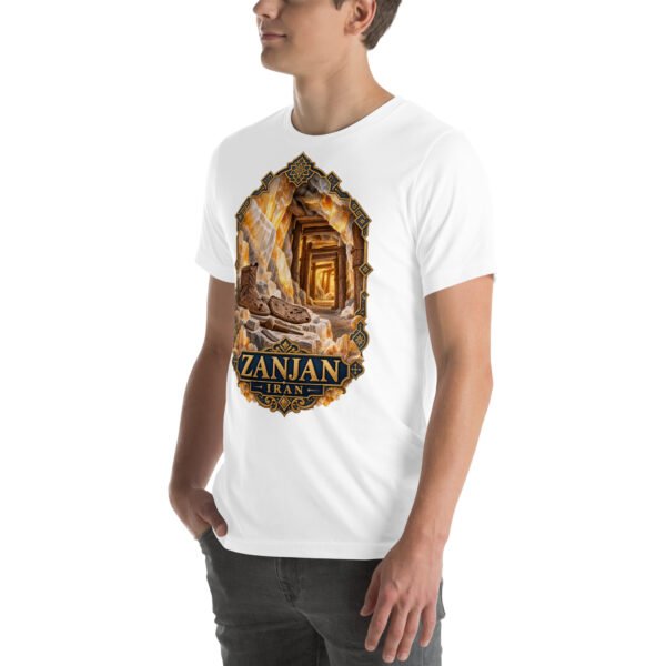 White Zanjan unisex t-shirt, front view with Chehrabad salt mine and salt crystals design