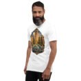 White Yazd unisex t-shirt, front view with Narin Castle of Meybod and a traditional dovecote design