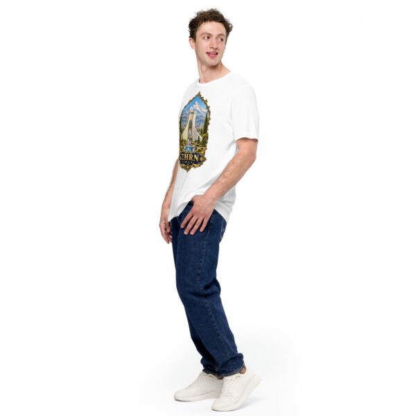 White Tehran unisex t-shirt, front view with Azadi Tower and Mount Damavand design