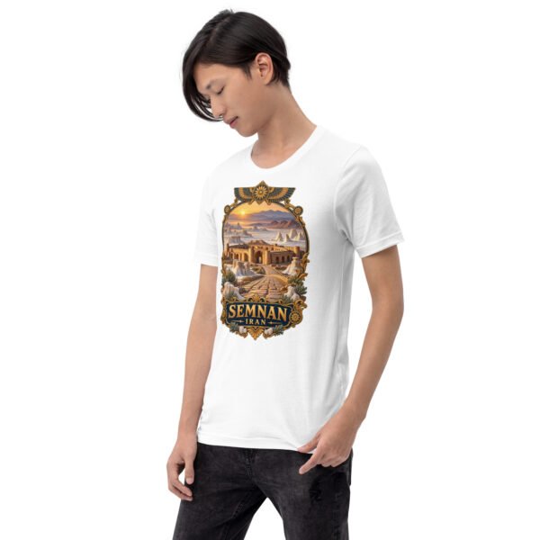 White Semnan unisex t-shirt, front view with Qasr-e Bahram caravanserai in the Dasht-e Kavir design