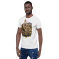 White Markazi unisex t-shirt, front view with ancient columns of Khorheh design