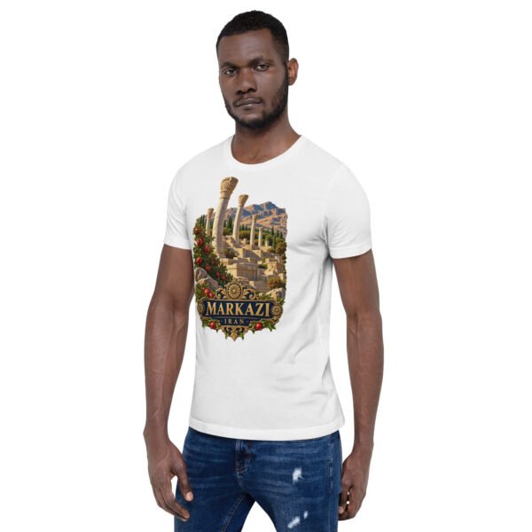 White Markazi unisex t-shirt, front view with ancient columns of Khorheh design