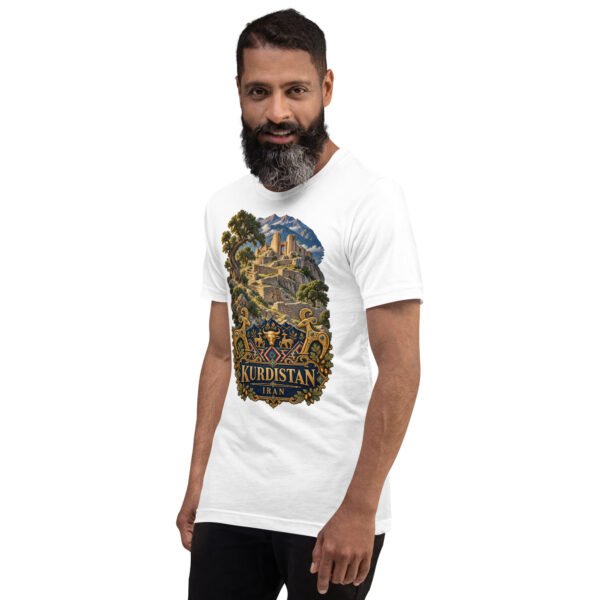 unisex-staple-t-shirt-white-left-front-6acbcf7f1eff4.jpg White Kurdistan unisex t-shirt, front view with Ziwiye fortress and golden Mannaean motifs design